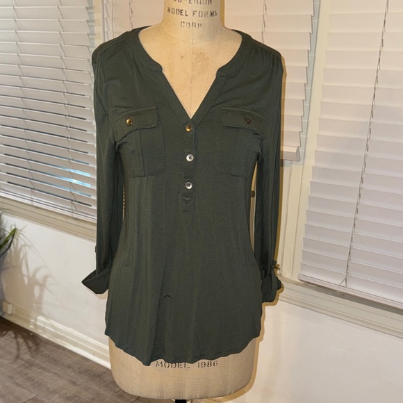 a new day Tops - A New Day V-Neck Henley Top M with Long, Roll-Tab Sleeves - Olive Green